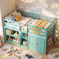 KOMFOTT Low Loft Bed with LED Light, Stairs & Guardrails, Modern Wood Kids Twin Bed with Under-Bed Space, Storage Cabinet and Shelves, Space-Saving Twin Loft Bed for Kids, No Box Spring Needed (Green)