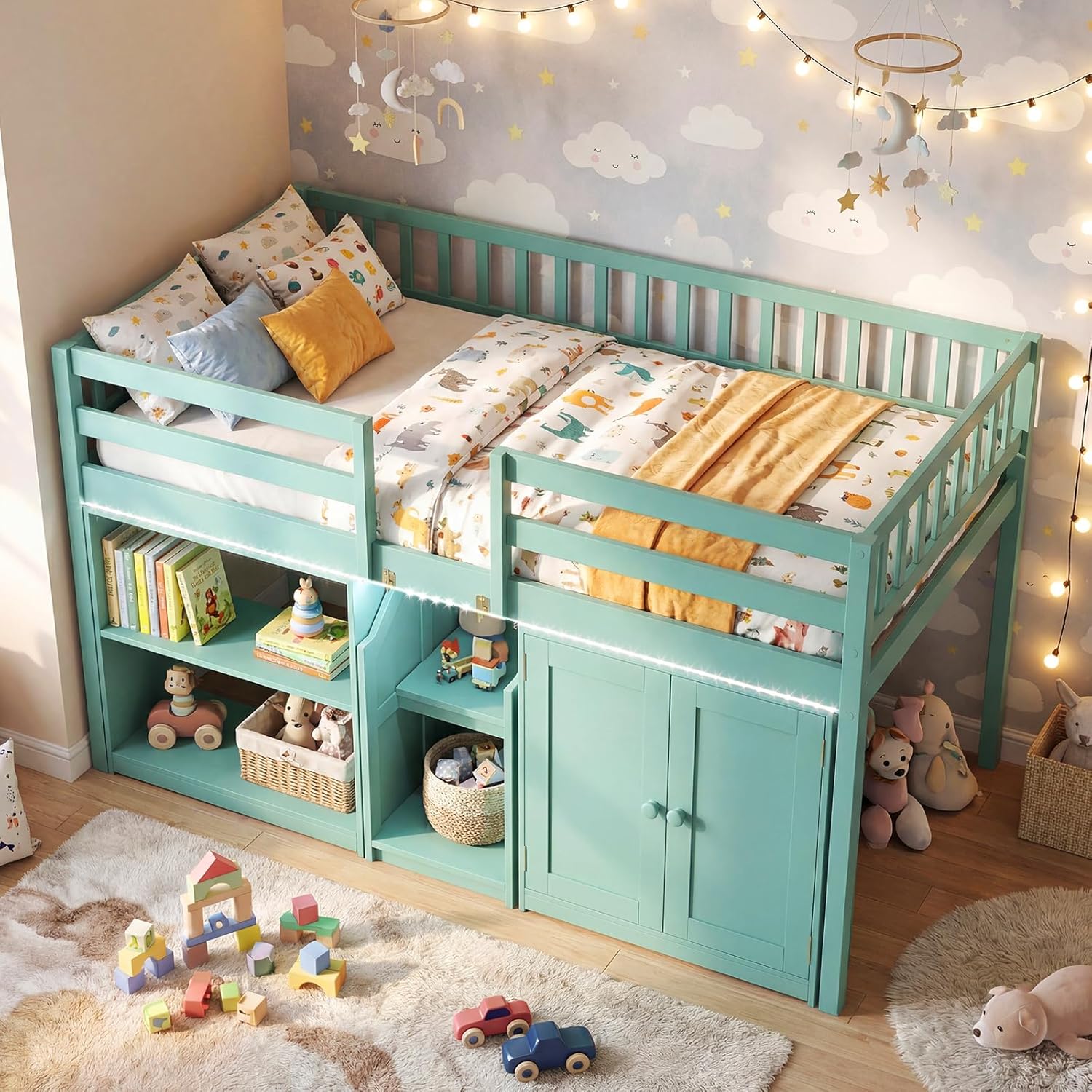 KOMFOTT Low Loft Bed with LED Light, Stairs & Guardrails, Modern Wood Kids Twin Bed with Under-Bed Space, Storage Cabinet and Shelves, Space-Saving Twin Loft Bed for Kids, No Box Spring Needed (Green)