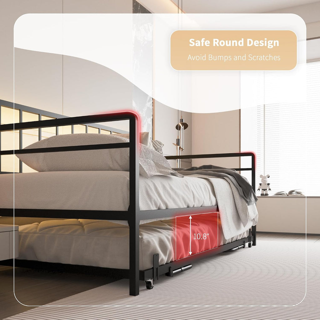 Twin Daybed with Trundle, Day Bed with Charging Station & LED Lights, Metal Sofa Bed Frame with Pop Up Trundle for Living Room, Bedroom, Guest Room, Apartment and Small Spaces (Black, Twin)