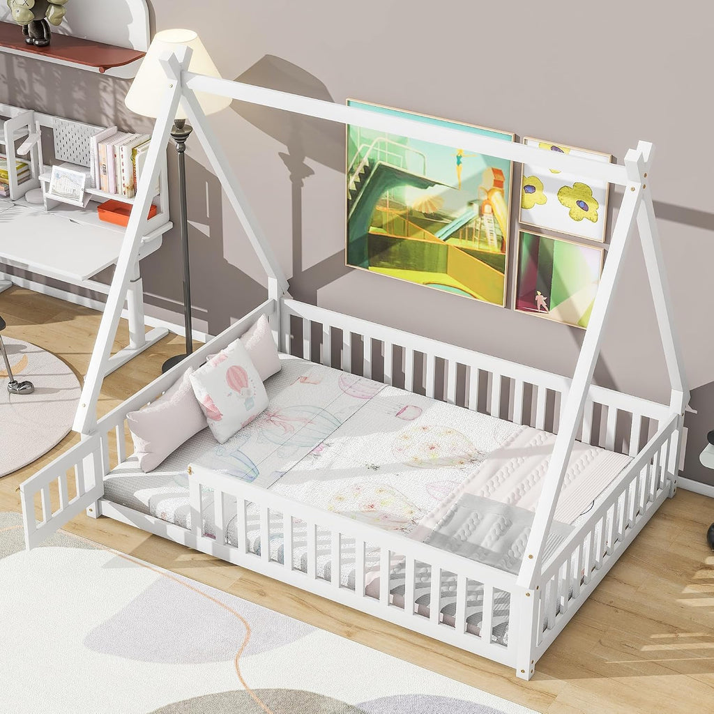 JIVOIT Full Size Tent-Shaped Floor Bed with Door, House Platform Bed Tent Bed Frame with Fence-Shaped Guardrails and Wood Slats Support, Wood Floor Play House Bed for Kids Boys Girls Teens (White,2)