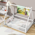 JIVOIT Full Size Tent-Shaped Floor Bed with Door, House Platform Bed Tent Bed Frame with Fence-Shaped Guardrails and Wood Slats Support, Wood Floor Play House Bed for Kids Boys Girls Teens (White,2)