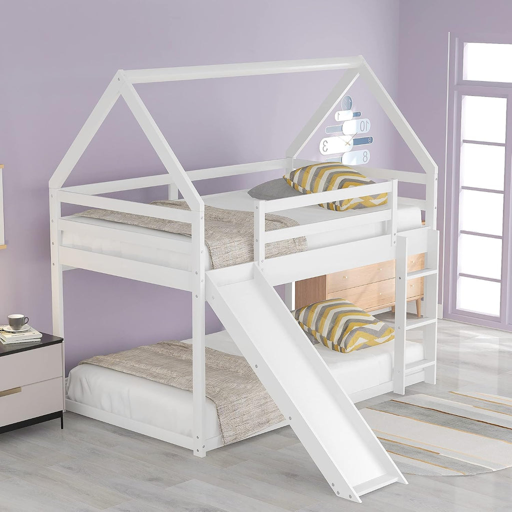 Bunk Bed for Kids Toddlers, Twin Over Twin House Shape Bunk Beds Frame with Slide, Can be Decorated Tent, Boys Girls Bedroom Dormitory Furniture (White-House Shape)