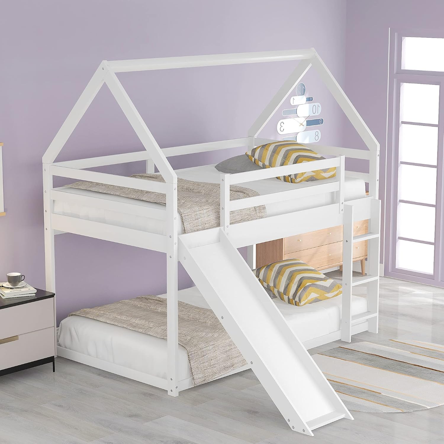 Bunk Bed for Kids Toddlers, Twin Over Twin House Shape Bunk Beds Frame with Slide, Can be Decorated Tent, Boys Girls Bedroom Dormitory Furniture (White-House Shape)