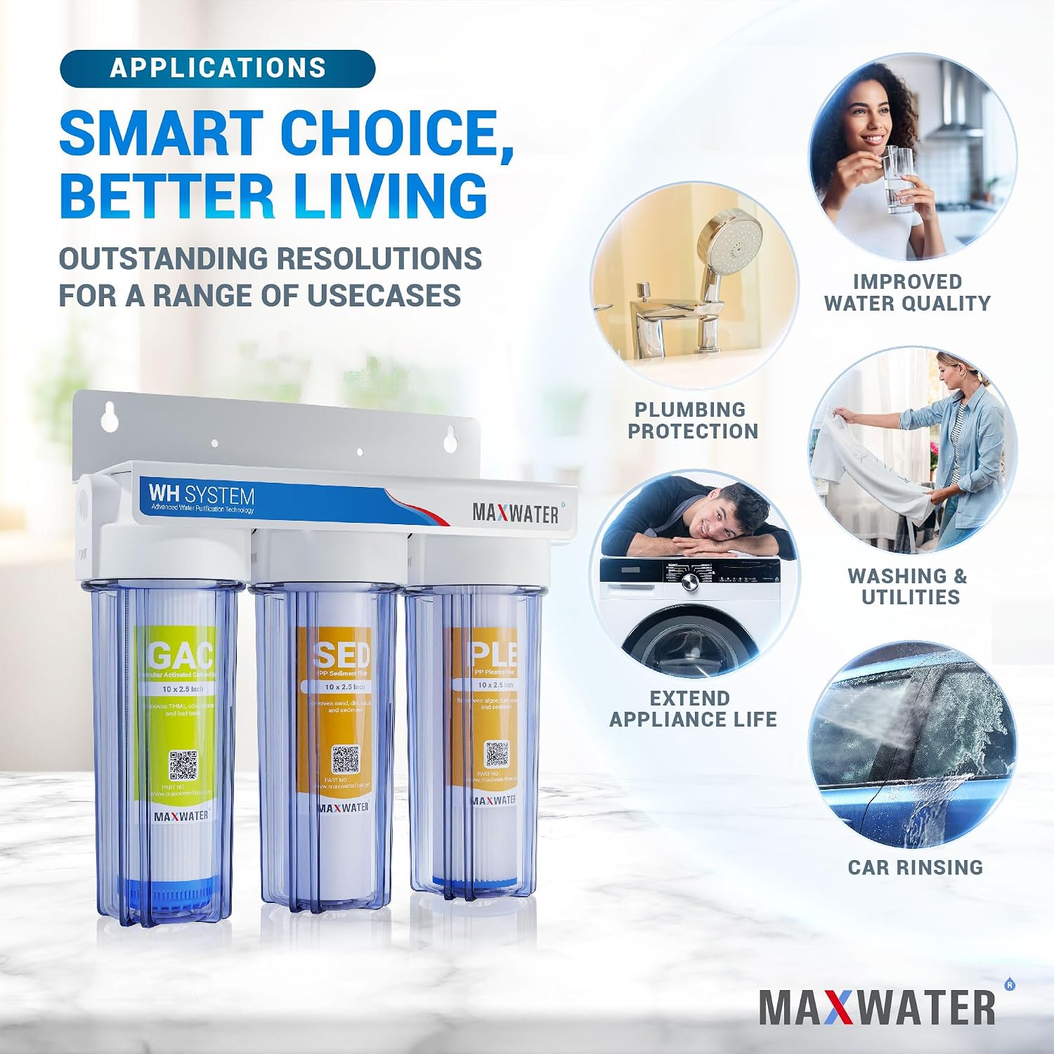 Max Water 3 Stage (Good for City & Cottage Water) 10 inch Standard Water Filtration System for Whole House - Pleated Sediment + Sediment + GAC - ¾ Inlet/Outlet - Model : WH-SC7