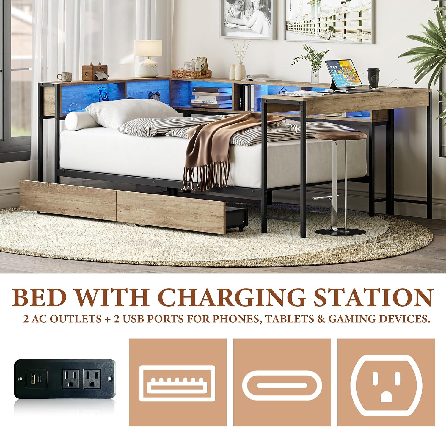 TTK Twin Size Corner Bed Frame with LED Lights, Bookcase Headboard, 2 Storage Drawers, Charging Station & Hutch Desk – Modern Metal Daybed for Bedroom, Guest Room or Living Room, Brown (Twin)
