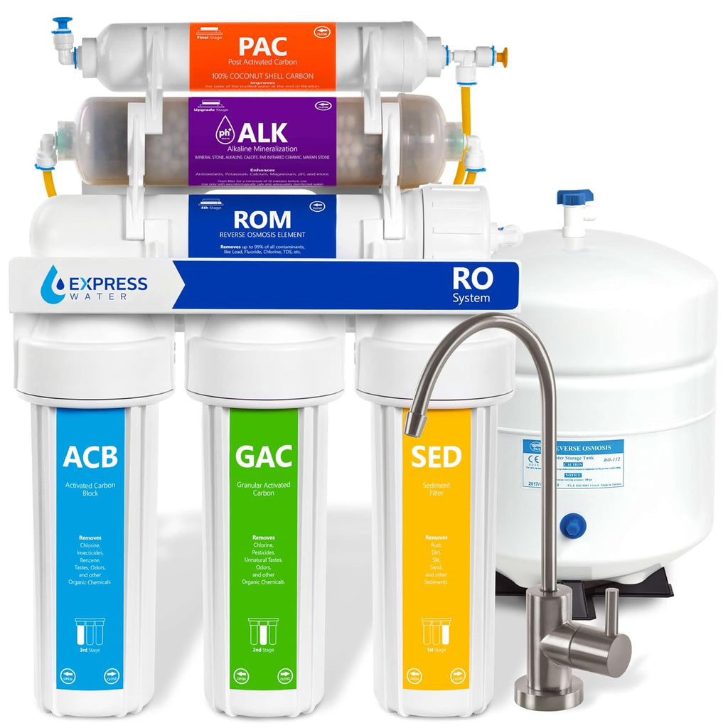 Express Water ROALK10MBN 10-Stage Alkaline Under Sink Reverse Osmosis Water Filter System, NSF Certified 372 & 58, 100 GPD, Reduces 99% of Impurities, BPA Free, Brushed Nickel Faucet