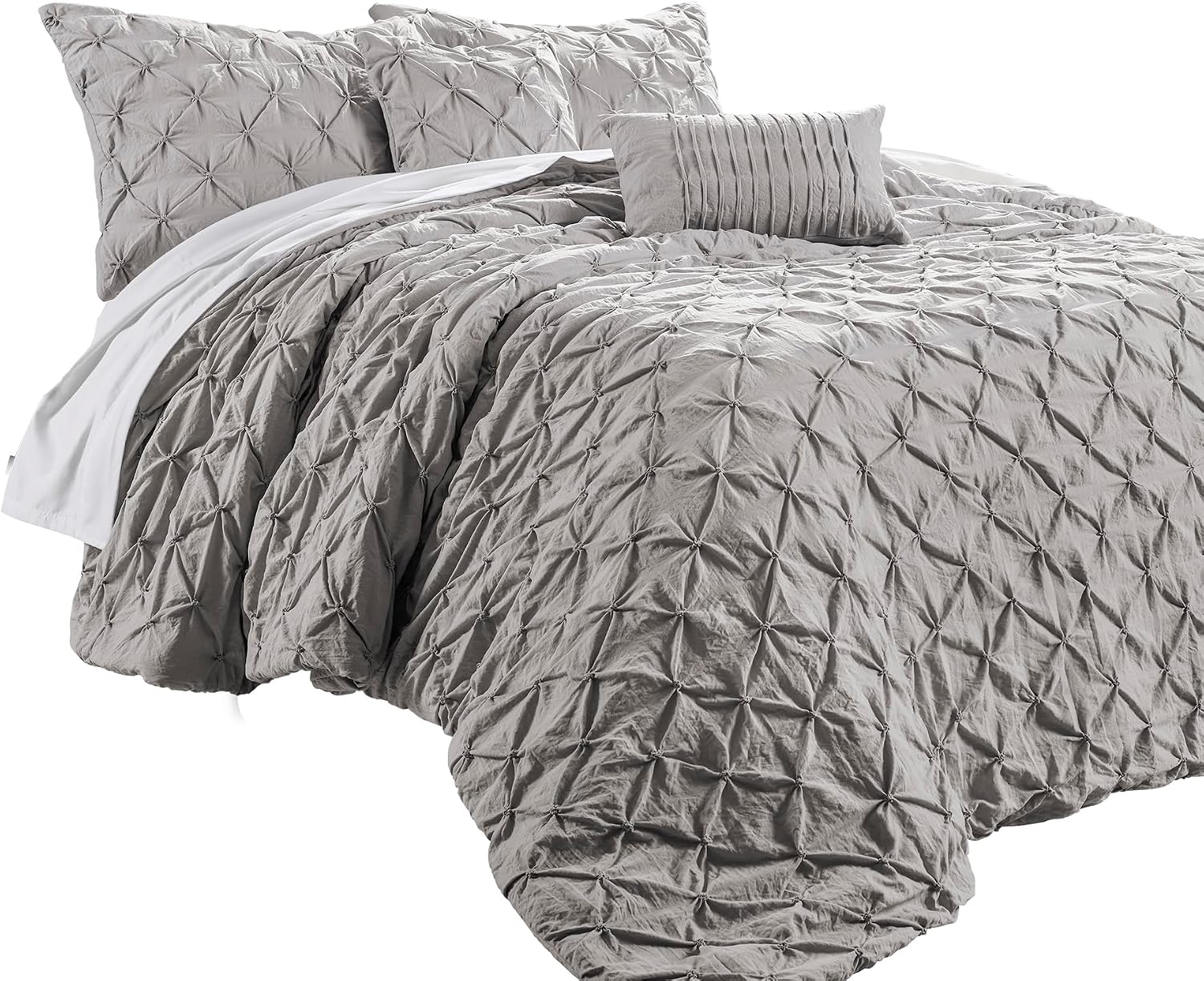 Lush Decor Ravello Pintuck Comforter Set - Luxe 5 Piece Textured Bedding Set - Traditional Glam & Farmhouse Inspired Bedroom Decor - Full/ Queen, Light Gray