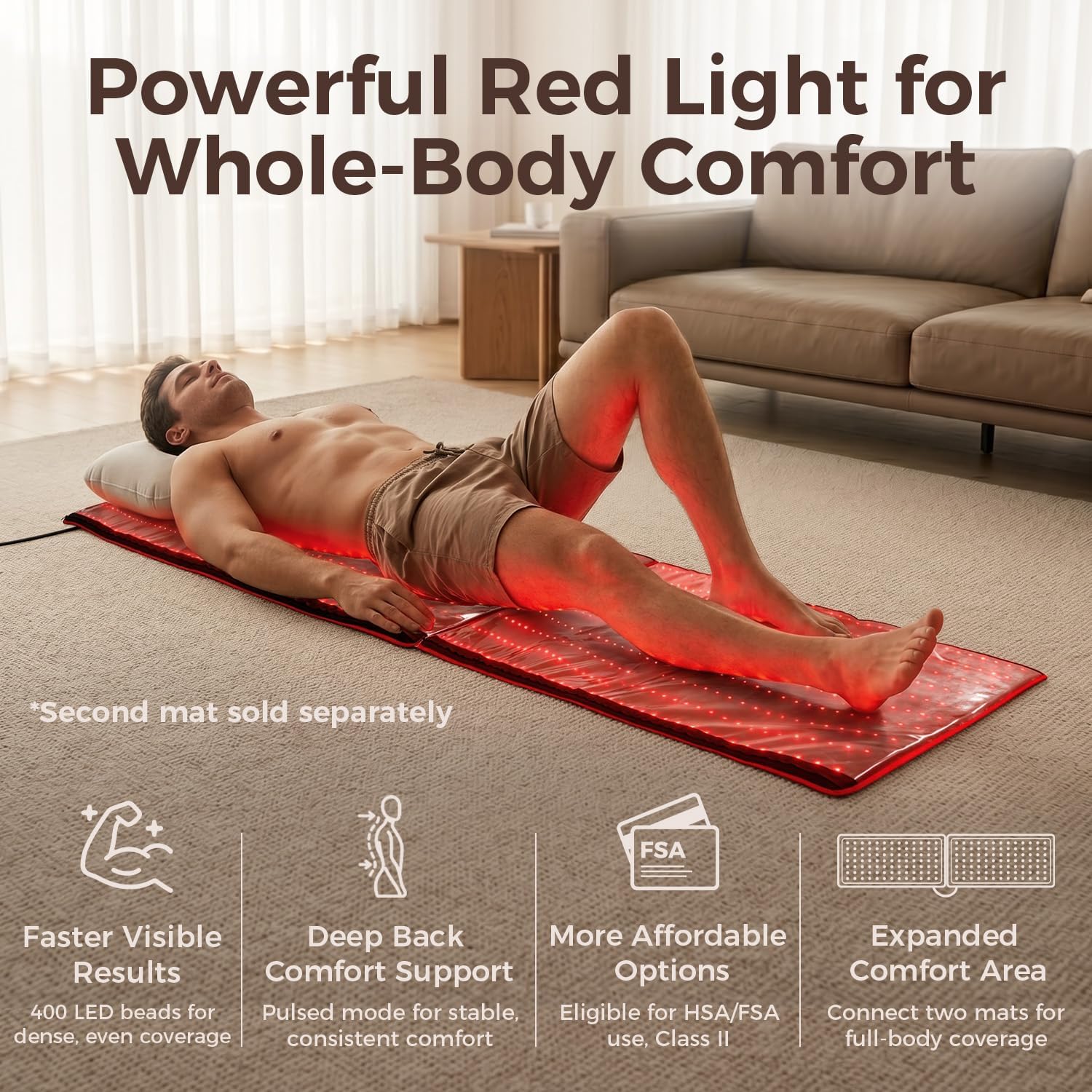 BestQool Red Light Therapy Mat, 400 LEDs Triple Chips 660nm 850nm, FSA-HSA Red Light Therapy for Body, 38' x 23' Large Pads, Full Body Infrared Light Therapy Mat. 63W