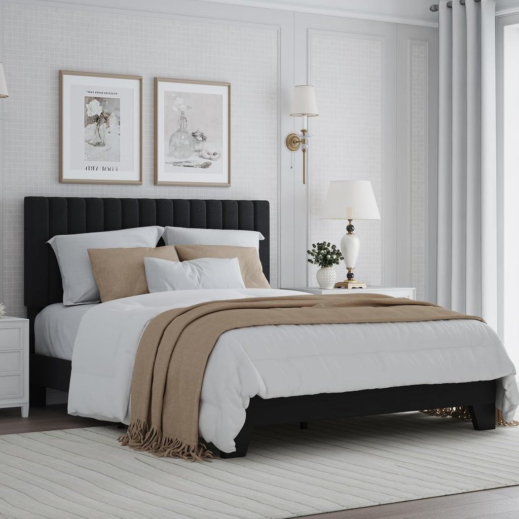 Full Bed Frame, Velvet Upholstered Platform Bed Frame with Adjustable Headboard, Vertical Quilted Design, Sturdy Slatted Mattress Base, Easy to Assemble, Black