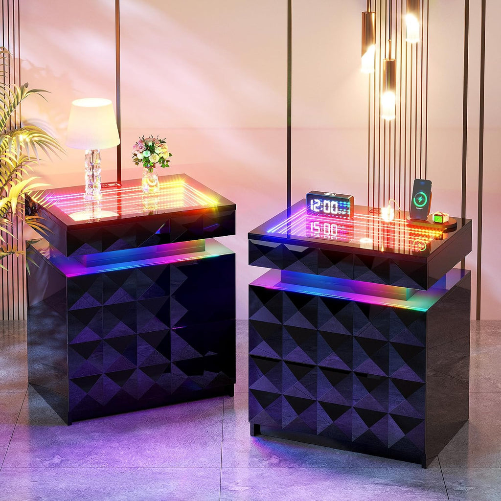 Night Stand Set 2 with Charger Station & RGB Lights, 3 Drawers Bedside Table with Sliding Top, Modern Night Stands with Human Body Sensor for Bedroom, Black