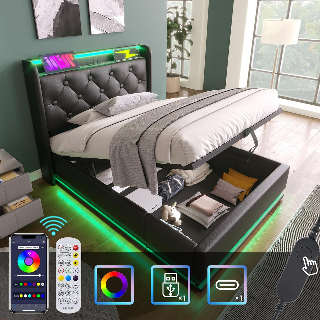 Twin Size Lift Up Storage Bed Frame with Button Headboard and Storage Smart Bed with 360 Surround LED Function Upholstered Platform Bed USB Type-C Charging Easy Assembly (Black, Twin)
