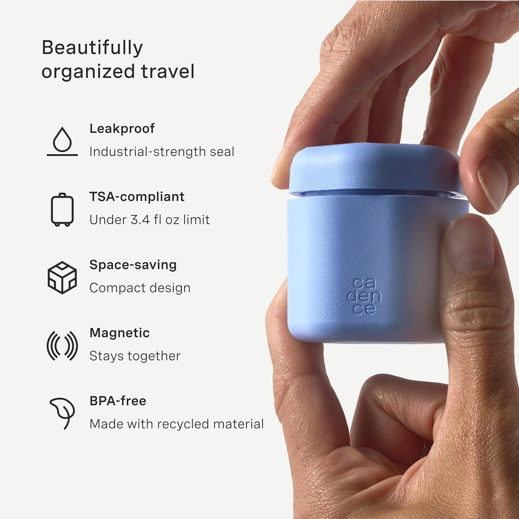Cadence Travel Containers - 6pk (2 Small, 0.56oz + 4 Medium, 1.32oz), Pacific - TSA Approved, Leak Proof Full Body Care Capsule Set - Lotion (2), Body Wash, Sun Icon, Hand Cream, Body Oil Labels