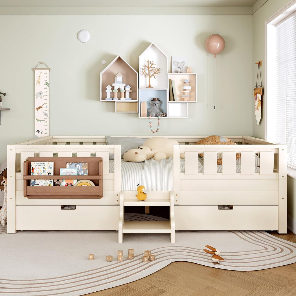 Bellemave Queen Size Kids Montessori Bed with Stairs and Bookshelf,Solid Wood Queen Size Kids Bed Frame with Drawers and Storage for Girls Boys,Low-Profile,Beige
