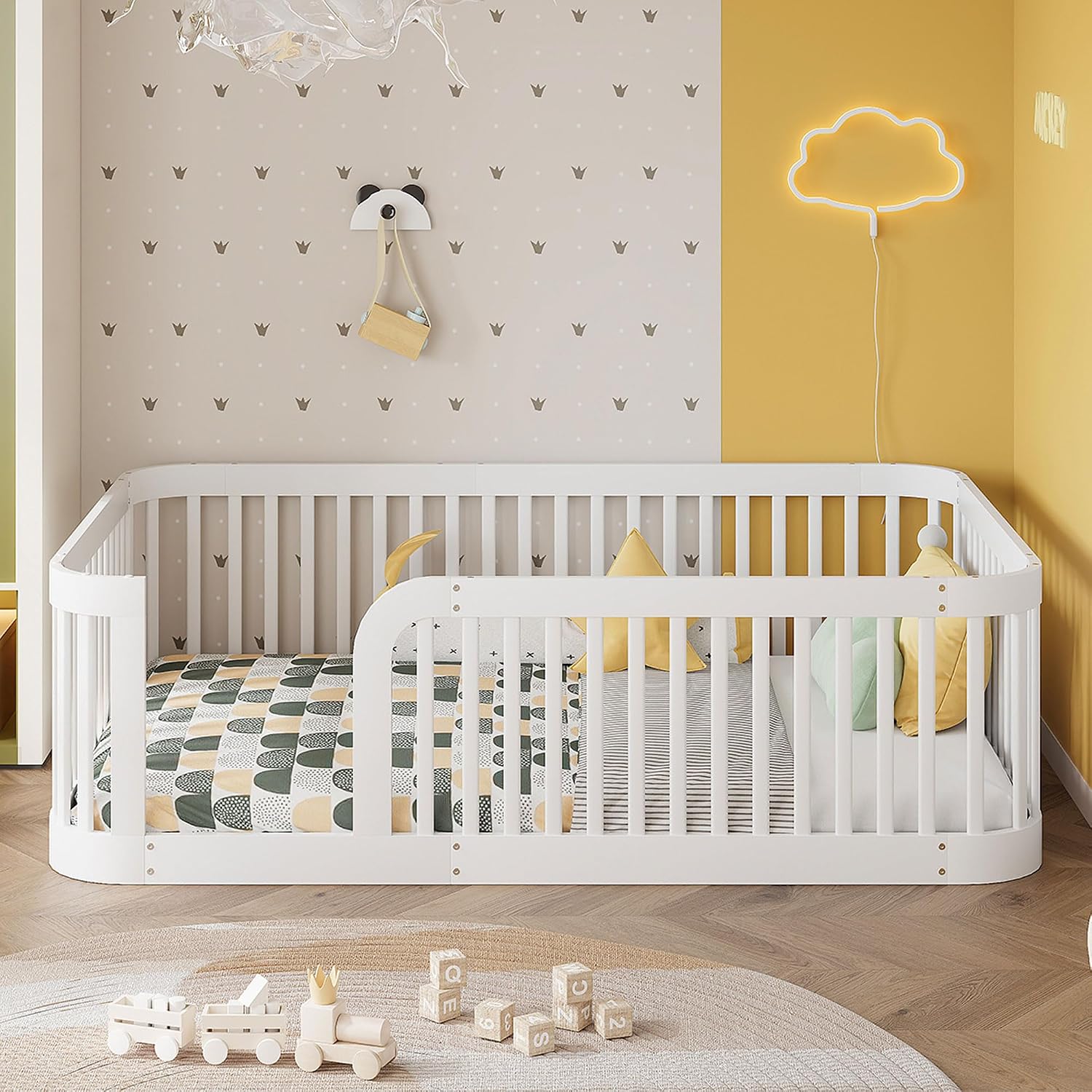 Full Size Wood Floor Bed with Fence, Playful Design Montessori Floor Bed with Guardrail, Without Slats, Easy Assembly (White//Full,124)