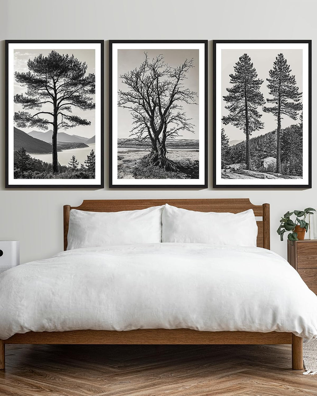 KUVIOKE Vintage Tree Framed Wall Art Black and White Retro Antique Forest Drawings Nature Wilderness Sketch Wall Painting Modern Bedroom Decor 24x36in (Black Framed)