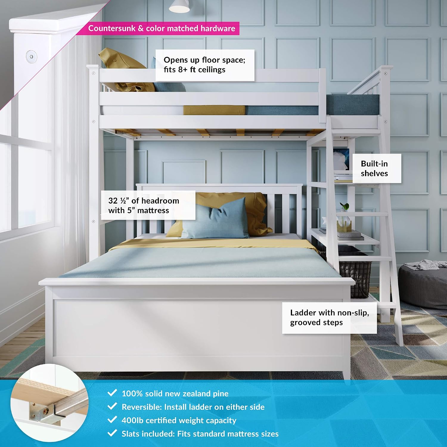Max & Lily L Shape Twin over Full Bunk Bed with Bookcase, White