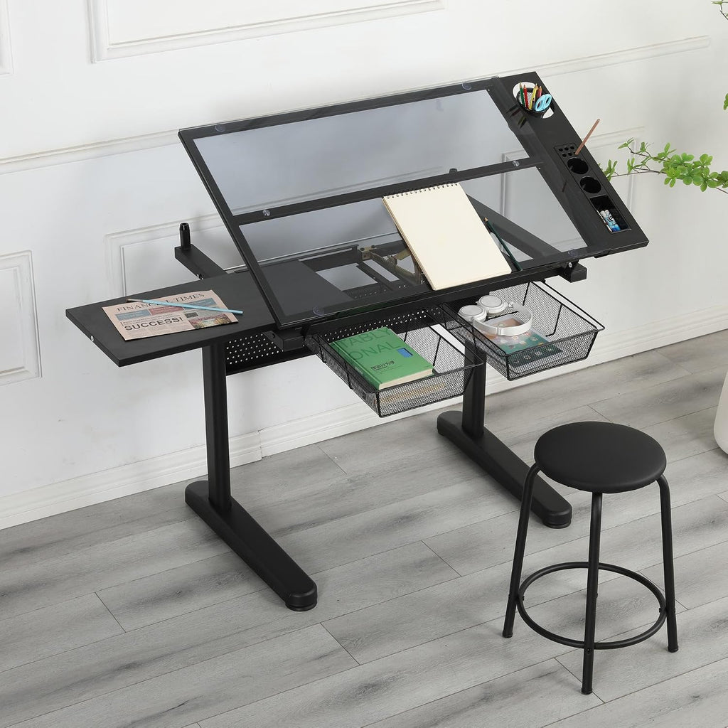 GDFStudio Drafting Table with Extended Desktop & 2 Metal Drawers, Adjustable Height Art Craft Desk with Storage, Tilted Tempered Glass Table Top Diamond Painting with Stool for Home Office, Black