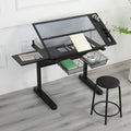 GDFStudio Drafting Table with Extended Desktop & 2 Metal Drawers, Adjustable Height Art Craft Desk with Storage, Tilted Tempered Glass Table Top Diamond Painting with Stool for Home Office, Black
