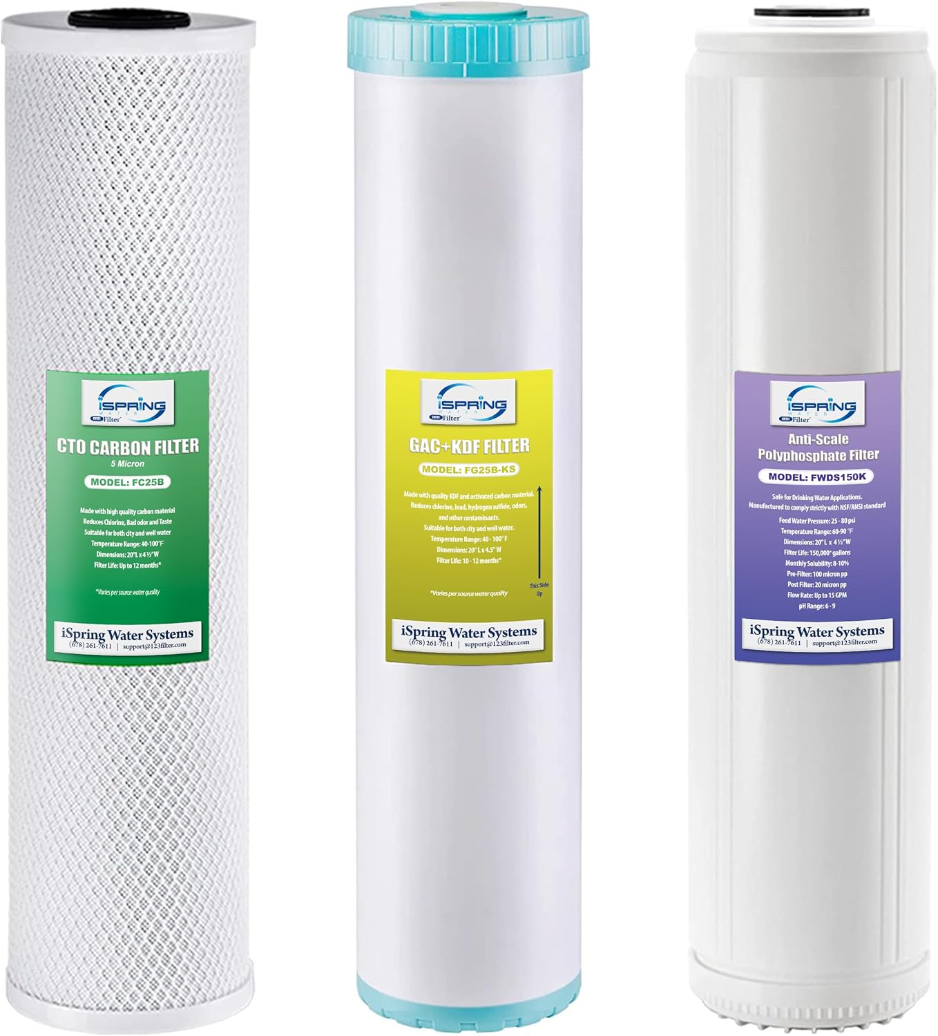 iSpring F3WGB32BKDS 4.5' x 20' 3-Stage Whole House Water Filter Replacement Pack with Polyphosphate Anti-Scale, GAC+KDF, and CTO Carbon Block Water Filters, Fits WGB32B-KDS