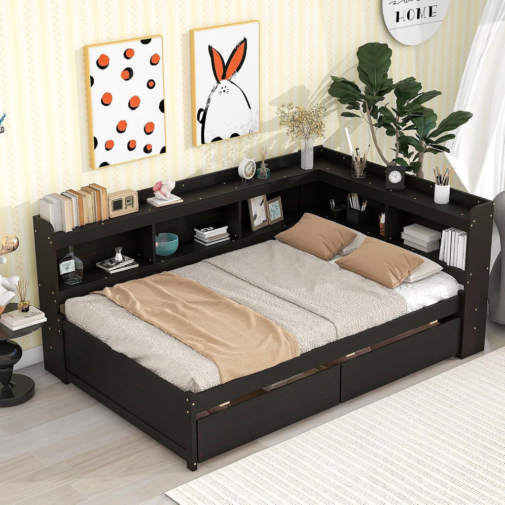 Full Size Platform Bed with L-Shaped Bookcase and 2 Drawers, Wooden Captain Bed Frame with Bookcase Headboard for Kids Teens Adult Boys Girls, No Box Spring Needed-Espresso