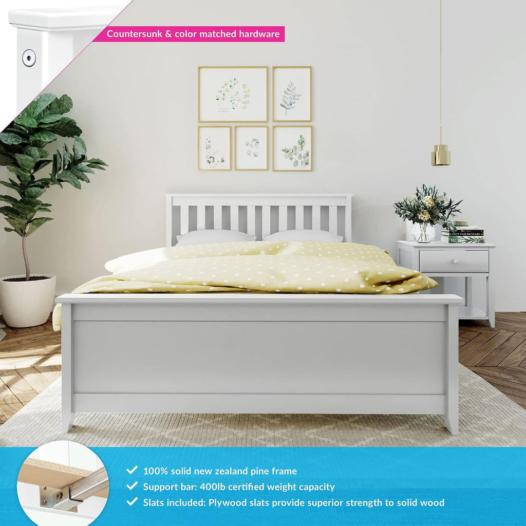 Max & Lily Full Size Bed Frame with Slatted Headboard, Solid Wood Platform Bed for Kids, No Box Spring Needed, Easy Assembly, White