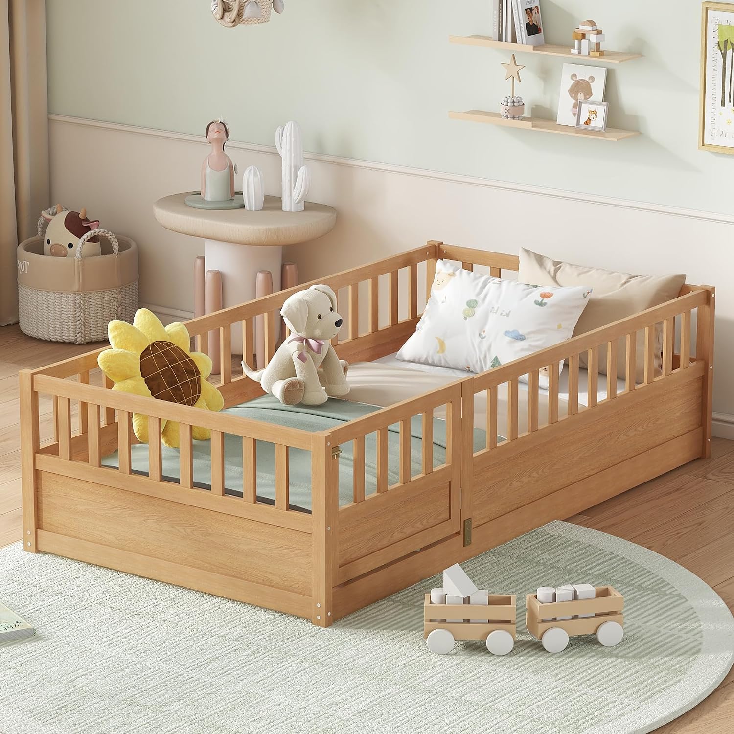 Bellemave Twin Size Floor Bed with Fence and Door, Montessori Floor Bed with Slats, Twin Size Montessori Beds for Kids, Girls, Boys, Natural