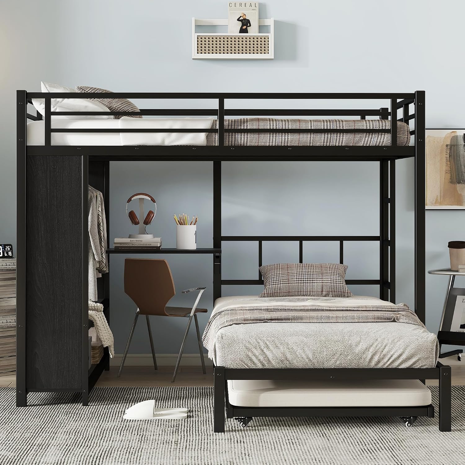 JIVOIT Metal Bunk Bed with Trundle, Full Over Twin Bunk Bed with Foldable Desk, Built-in Wardrobe, Ladders and Safety Guard, Noise-Reduced Design, Space-Saving, No Box Spring Needed