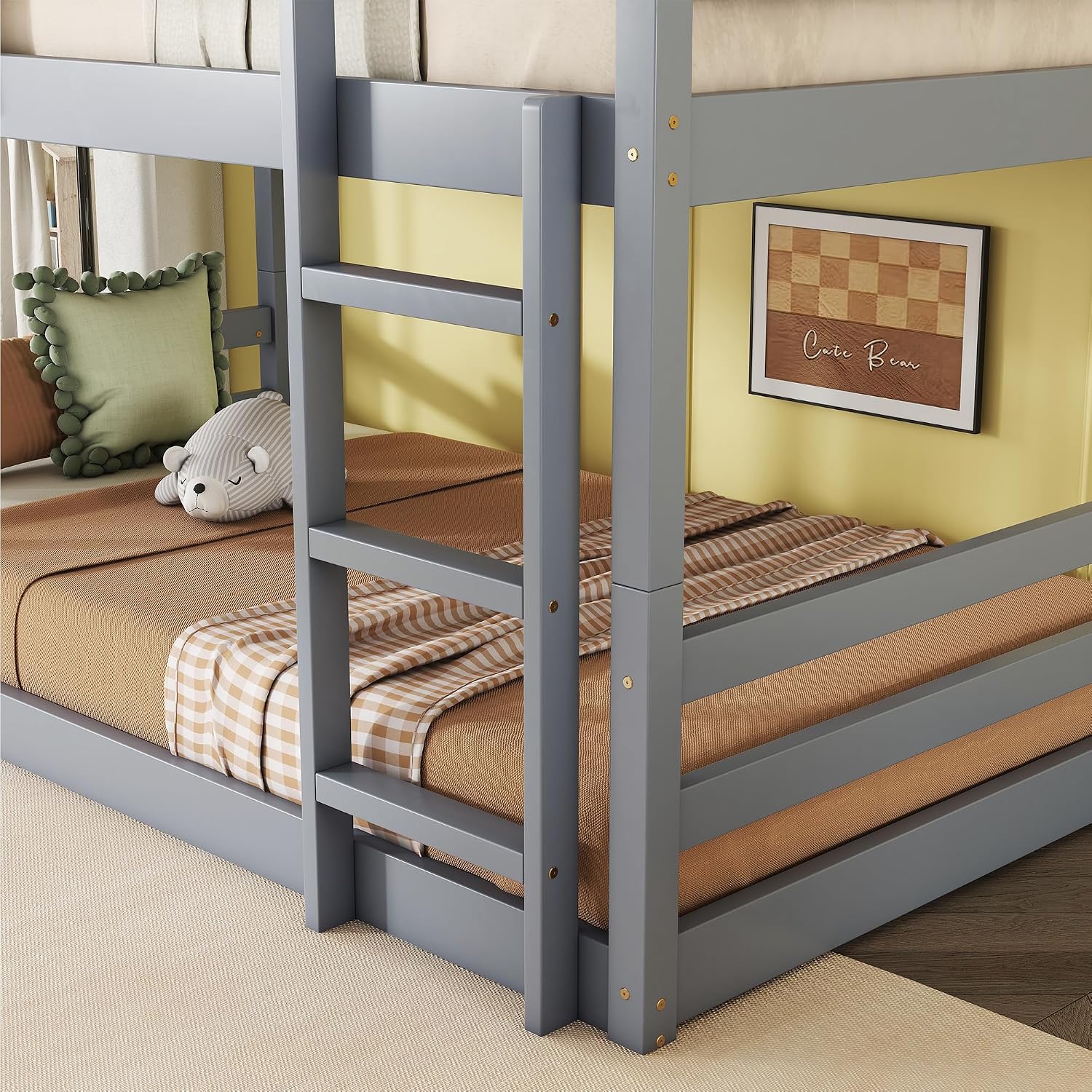 Triple Bunk Bed, Detachable Triple Twin Bunk Bed, 3 Rubber Wood Bunk Bed with Two Built-in Ladders, Guardrails, Twin Over Twin Over Twin for Kids, Grey
