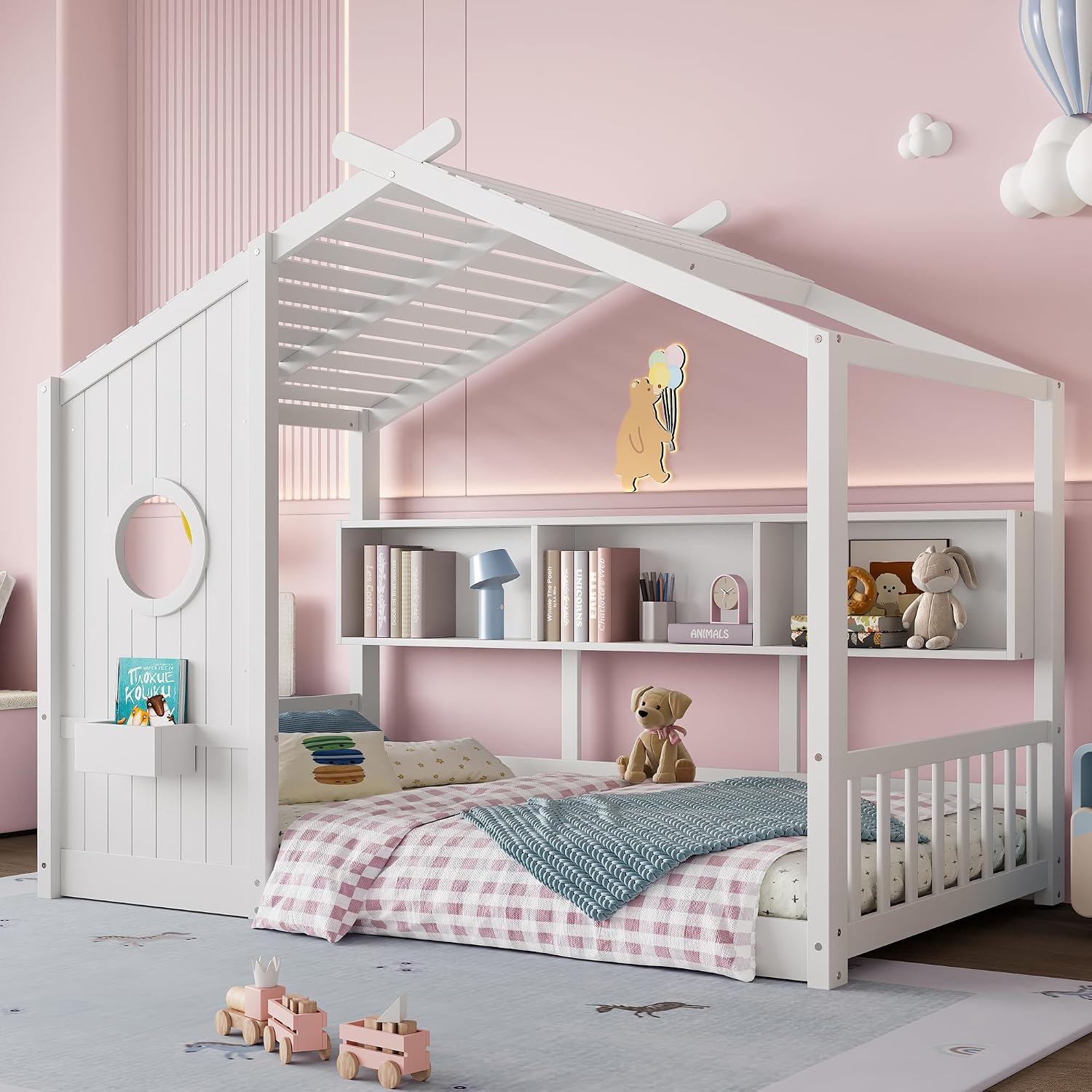 Twin Size Floor House Bed with Roof & Window for Kids,Kids Montessori Floor Bed with Storage Shelves,Cute Playhouse Bed Frame for Girls Boys,Wood House Bed No Box Spring Needed,Can be Decorated,White