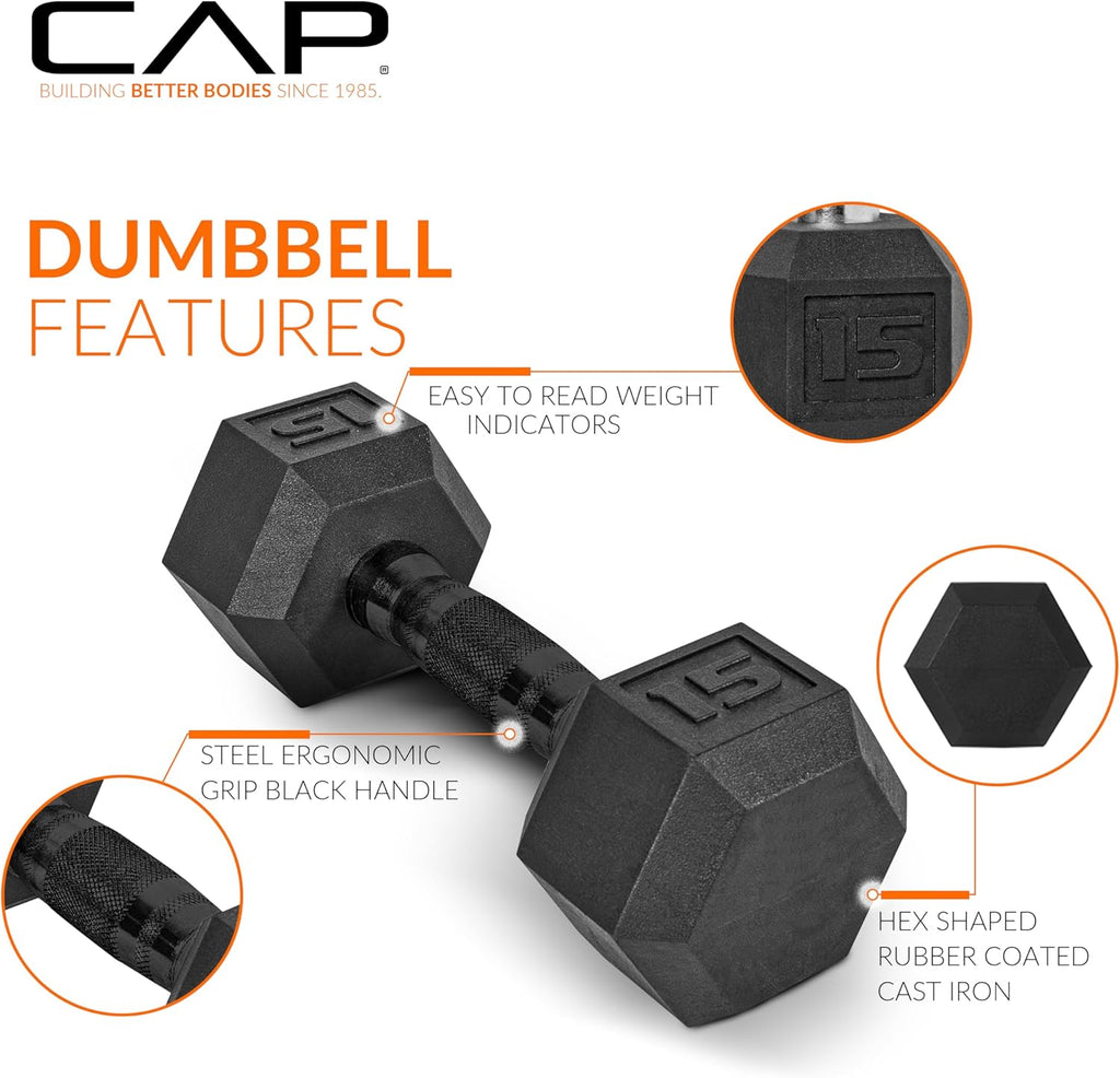 CAP 150 LB Dumbbell Set with 2-Tier Rack, Rubber Hex Free Weights Set, Home Gym Weight Set with Horizontal Storage Rack for Strength Training