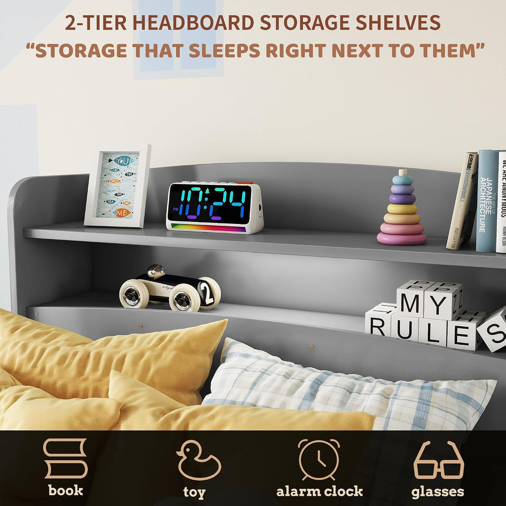 Twin Bed Frames for Kids with Storage Bookcase, Twin Kids Bed Frame with LED Motion Sensor Light & Guardrails, Kids Wood Twin Bed Frame, No Box Spring Needed, Grey