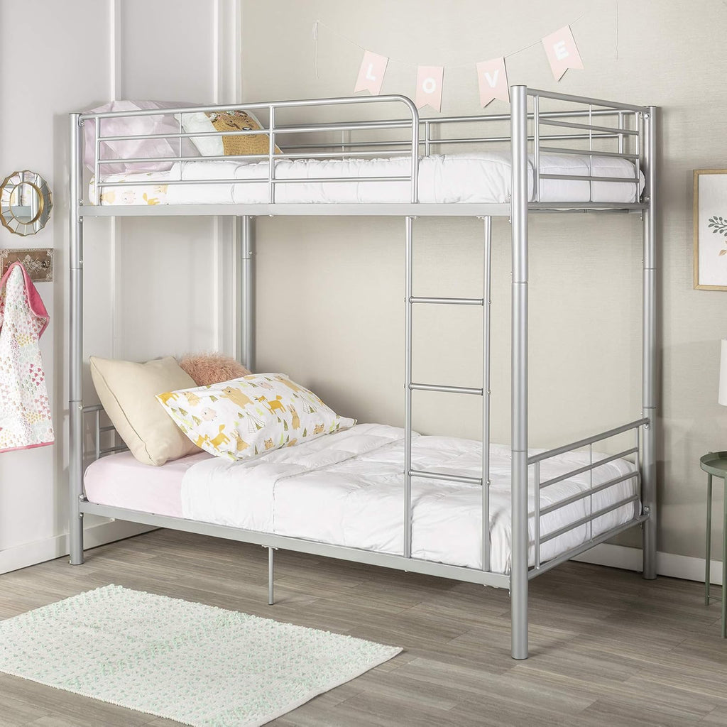 Walker Edison Elodie Urban Industrial Twin Over Twin Metal Bunk Bed, Twin Over Twin, Silver