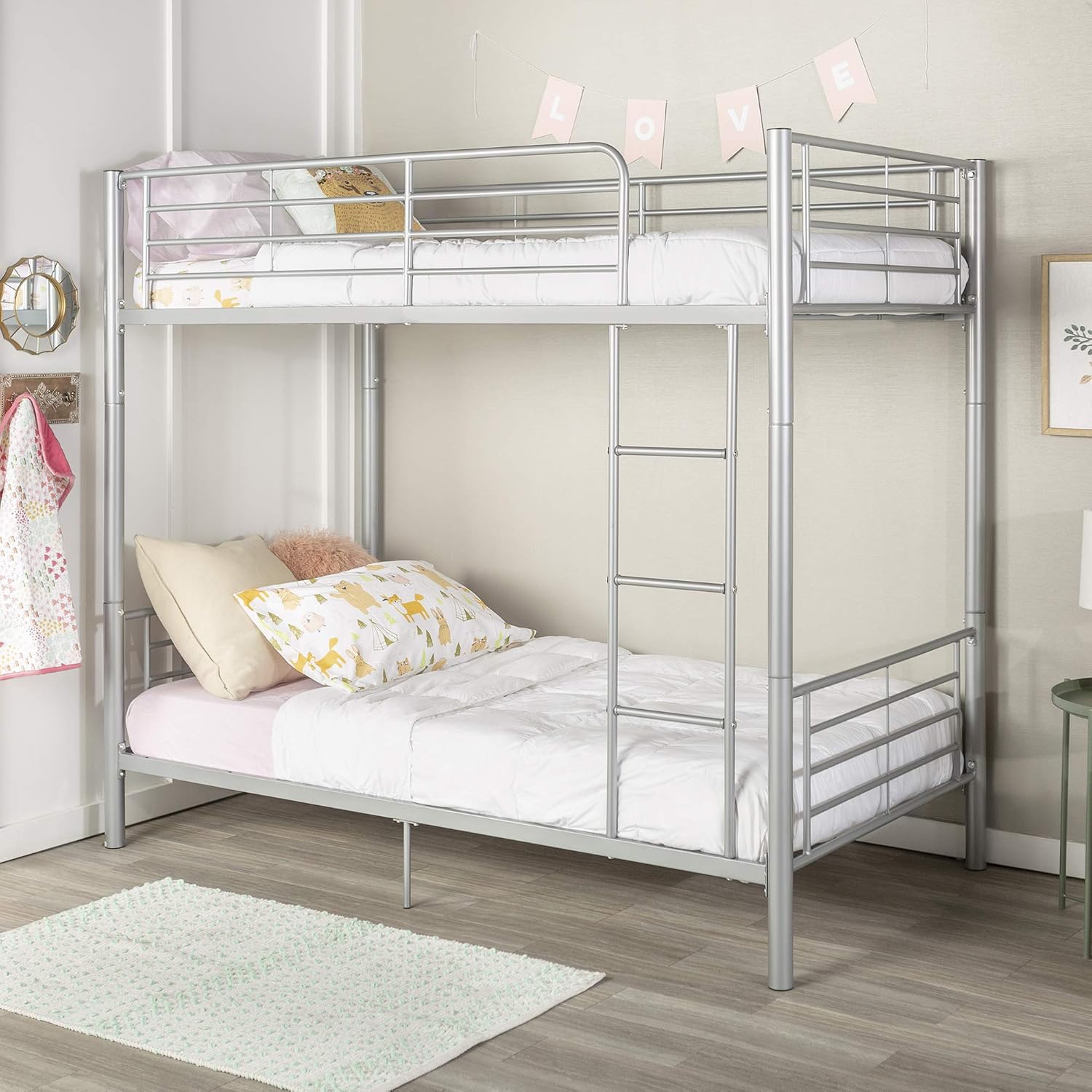Walker Edison Elodie Urban Industrial Twin Over Twin Metal Bunk Bed, Twin Over Twin, Silver