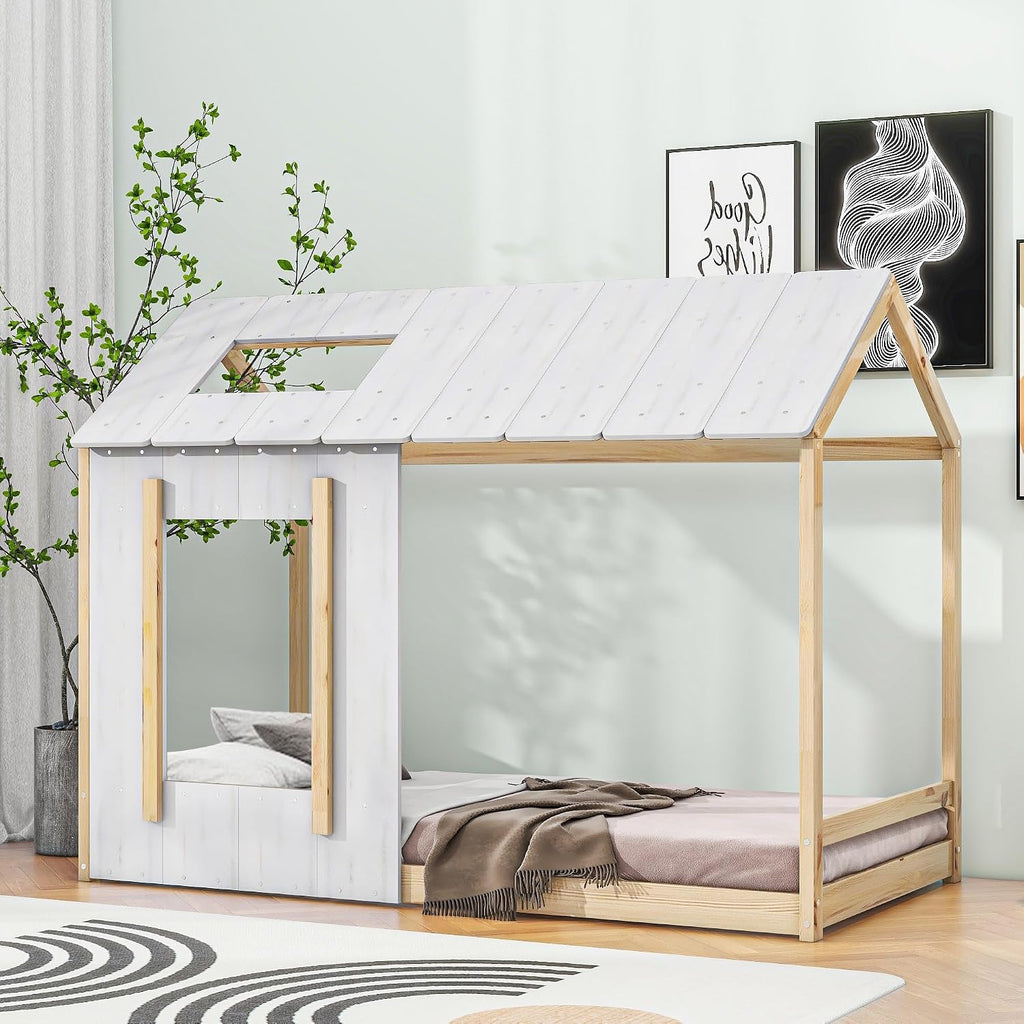 JIVOIT House Platform Bed with Roof and Window, Twin Size Kids House Bed Wood Bed Frame, Low Floor Bed for Toddler Kids Teens Boys Girls (Natural+Antique White)