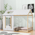 JIVOIT House Platform Bed with Roof and Window, Twin Size Kids House Bed Wood Bed Frame, Low Floor Bed for Toddler Kids Teens Boys Girls (Natural+Antique White)