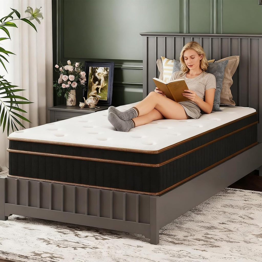 VINGLI 10 Inch Twin Mattress Set of 2 for Kids Hybrid Memory Foam in a Box, Individually Wrapped Coils Pocket Innerspring for Motion Isolation and Pressure Relief,Medium Firm,Fiberglass-Free