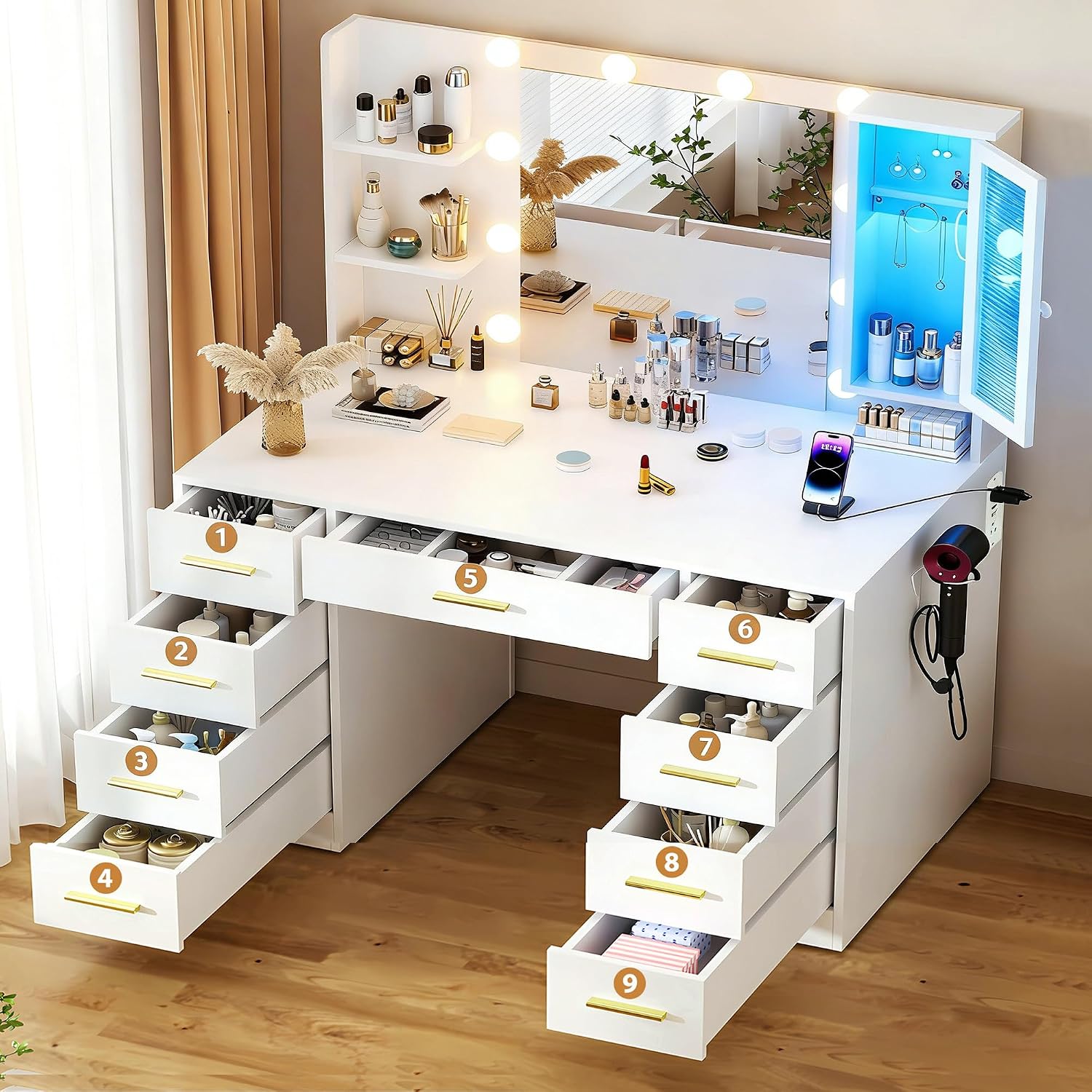 ERLEJIA Vanity Desk with Mirror and Lights, 43' Large Makeup Dressing Table with 9 Drawers & 3 Shelves, RGB LED Lighting & Power Outlet, White and Gold