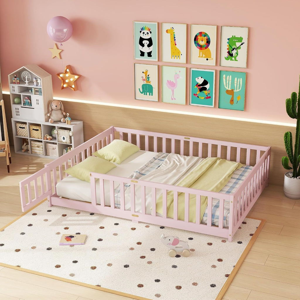 Full Size Floor Bed for Kids, Wooden Montessori Bed Frame with Door, Montessori Floor Bed with Rails for Boys and Girls, No Box Spring Needed, Pink