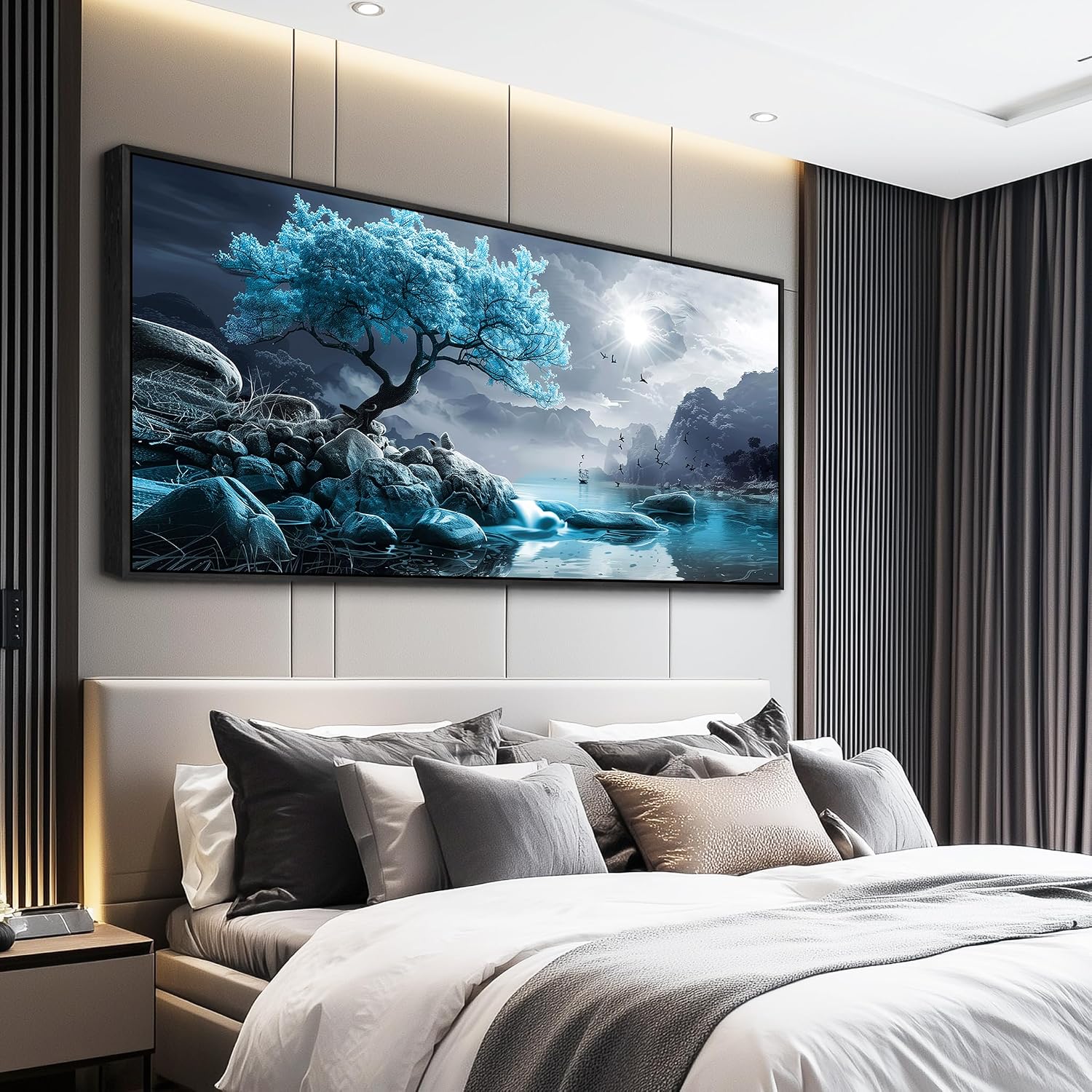 KELIYUAN Large Canvas Wall Decor Bedroom Blue Tree Landscape Wall Paintings Wall Art For Living Room Black And White Pictures Office Mural Framed Prints Artwork Modern Home Decor Aesthetics 32'X72'
