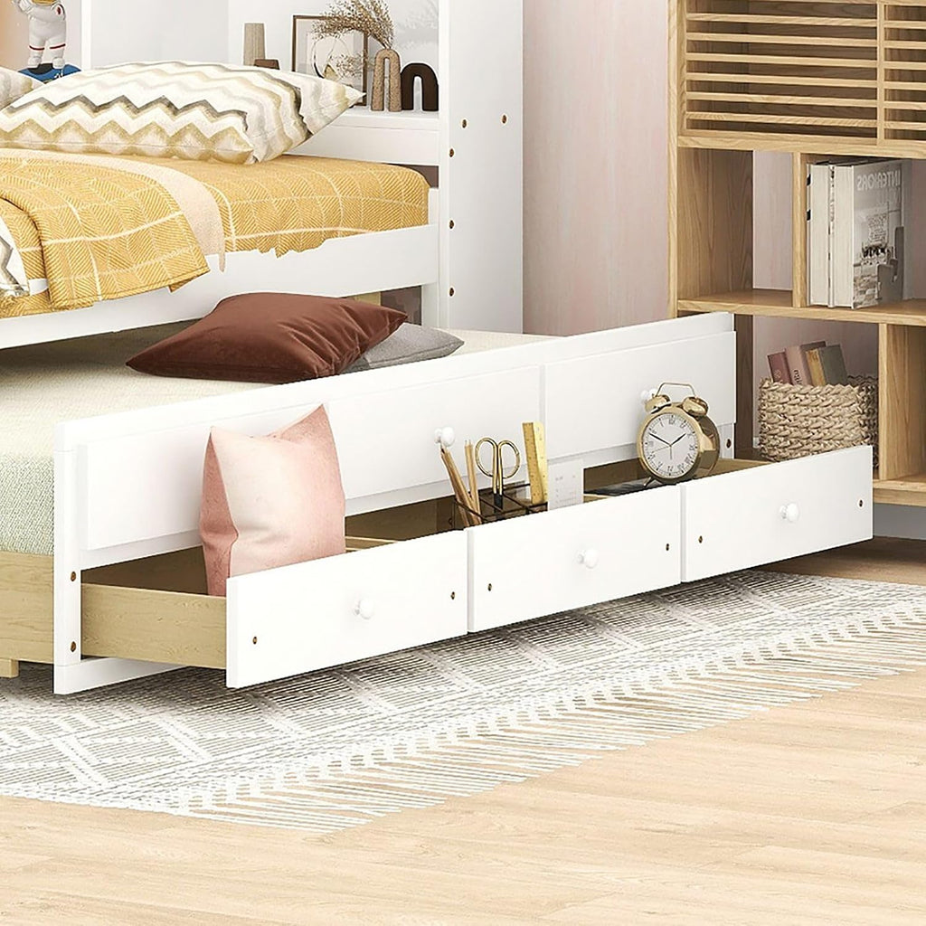 KEVINSPACE LED Bed Frame Full Size Captain's Bed Storage Daybed with Trundle Set, USB,Type-C Ports,LED Light Bed, Wooden Platform Bed with 3 Storage Drawers and Bookcase Headboard Bedroom White