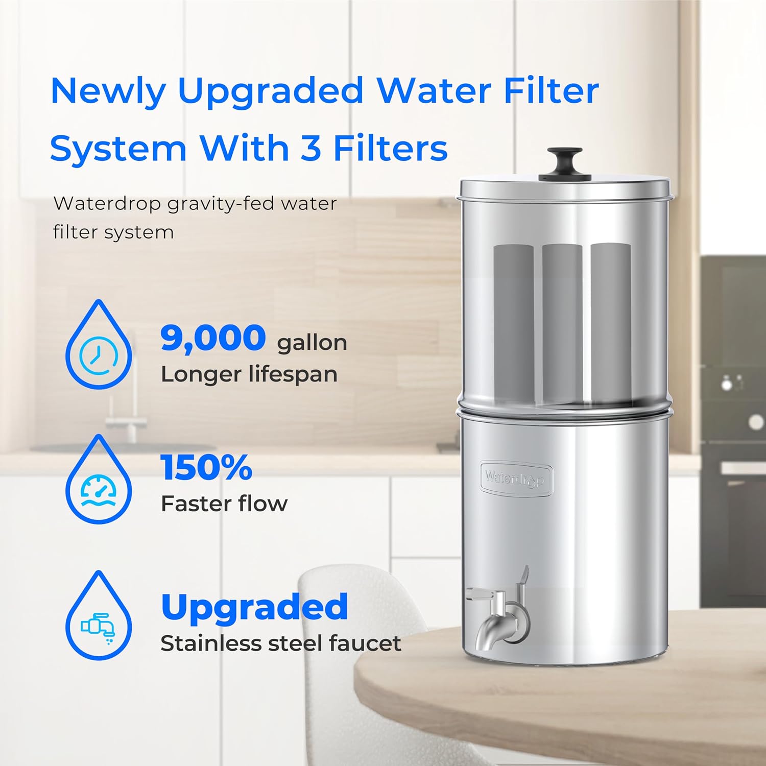 Waterdrop TK-AE Gravity Water Filter System, with 3 Black Carbon Filters and Metal Spigot, 9000 Gallon Longer Lifespan and 150% Faster Flow for Home, Travel, Emergencies, 2.25G