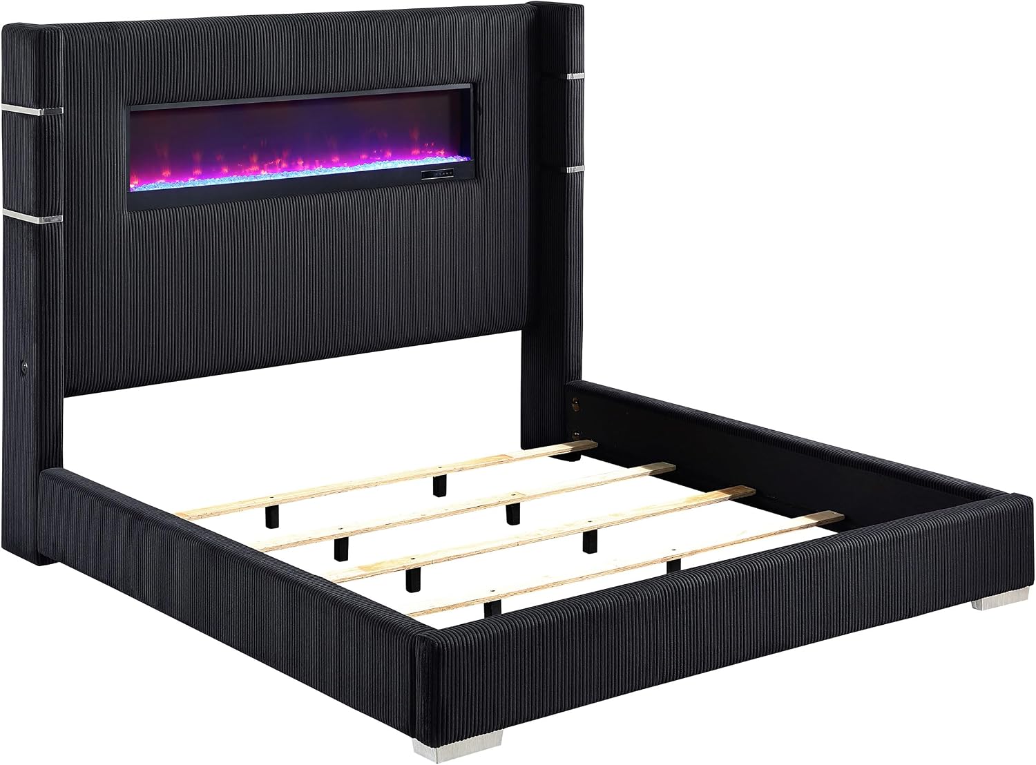 Coaster Home Furnishings Tisdall Contemporary Corduroy Upholstered Queen Size Flame Visualizer Wingback Bed Frame 67-inch Headboard with USB Charging Outlet Black 306031Q