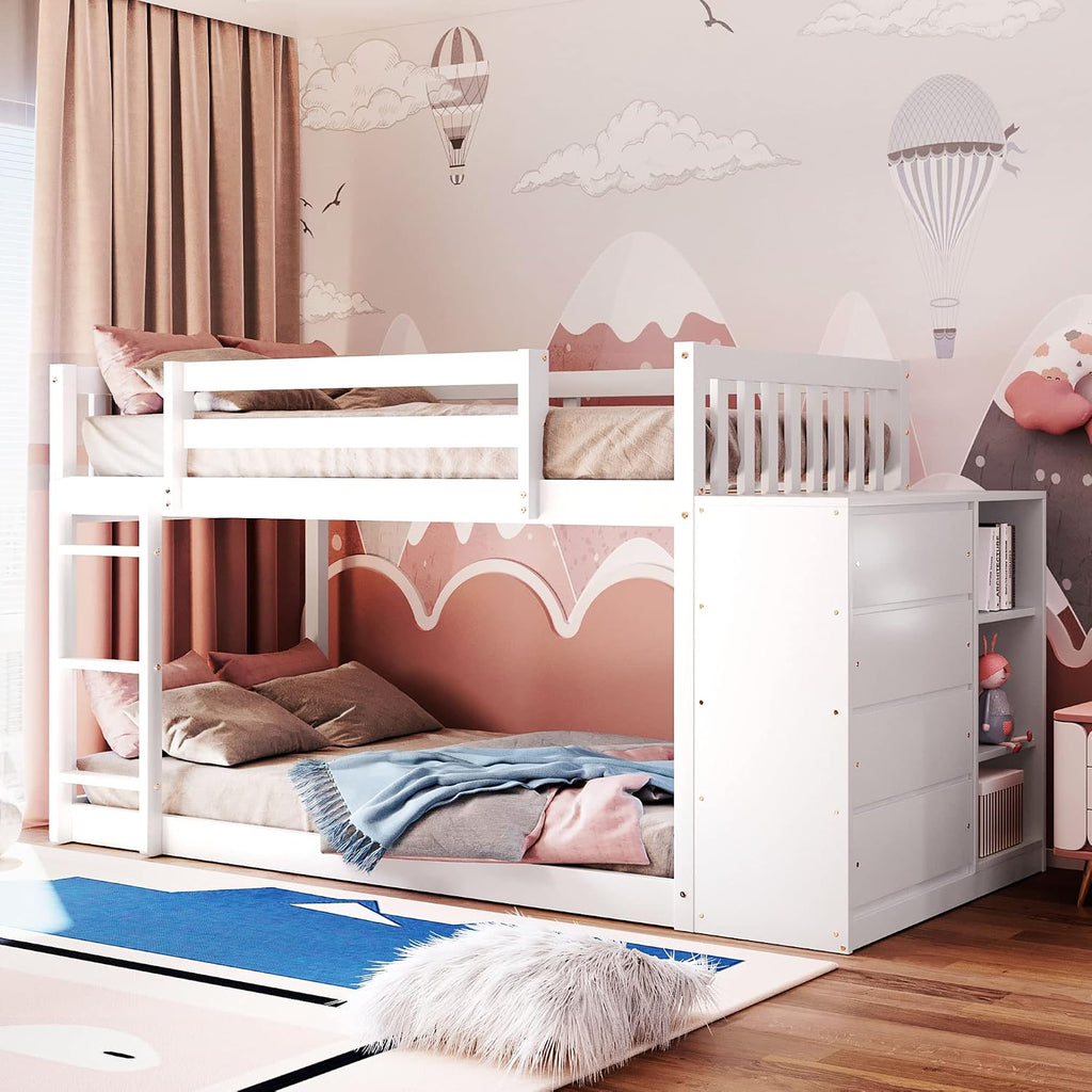 Twin-Over-Twin Size Bunk Bed, Bedroom Furniture Pine Wood Bed Frame with Storage Drawers and Open Shelves, Drawers and Shelves Set Can Be Moved, for Kids & Teens (White)