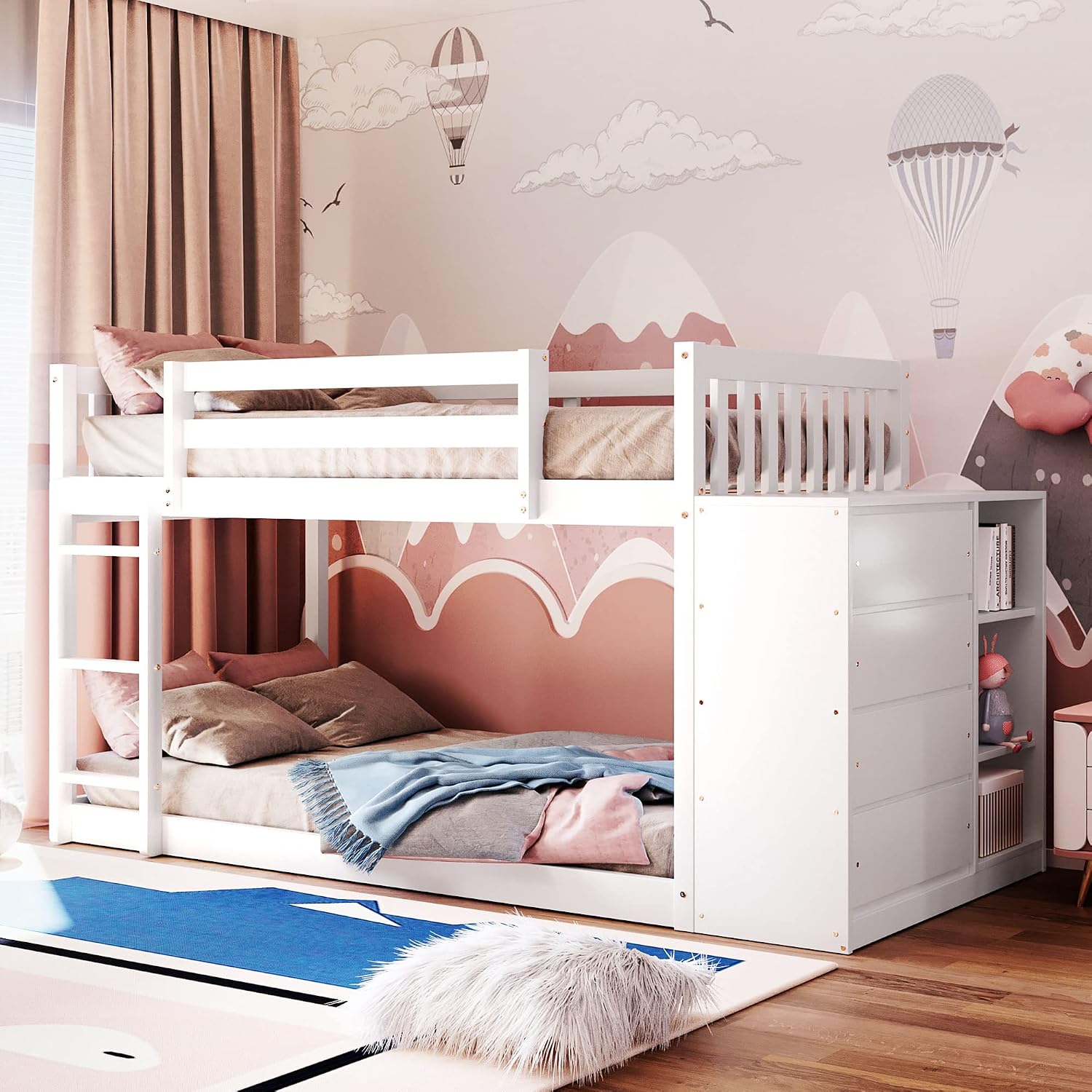 Twin-Over-Twin Size Bunk Bed, Bedroom Furniture Pine Wood Bed Frame with Storage Drawers and Open Shelves, Drawers and Shelves Set Can Be Moved, for Kids & Teens (White)