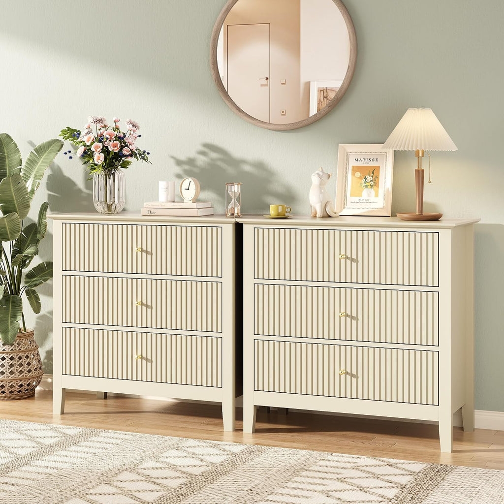Fluted 3 Drawer Dresser Set of 2, Small Dresser Nightstand for Bedroom, Modern Wood Chest of Drawers, Wooden Dresser Nightstand with Paint Design for Closet, Hallway, Entryway, Beige