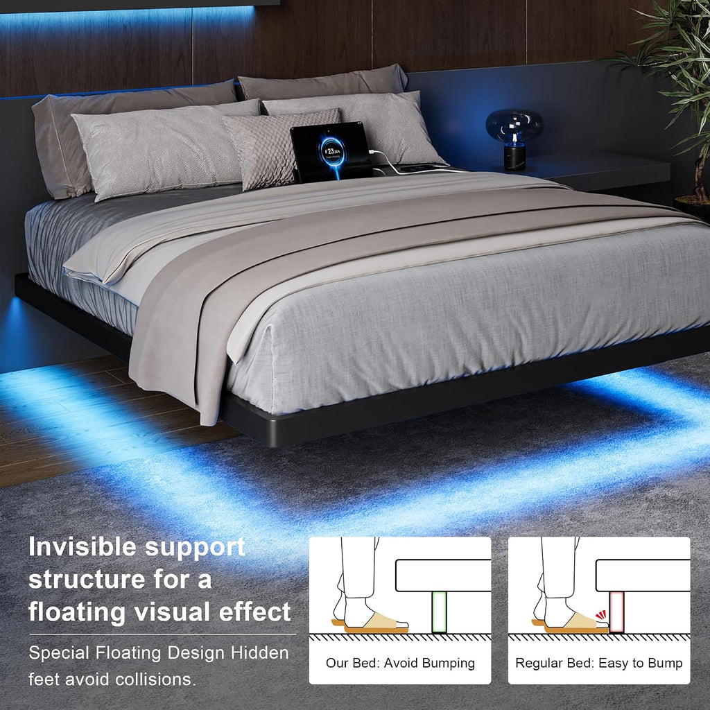 Feonase Queen Floating Bed Frame with Charging Station and Led Lights, Metal Bed Frame with Heavy Duty Steel Slats Supports, No Box Spring Needed, Easy Assembly, Noise Free, Black