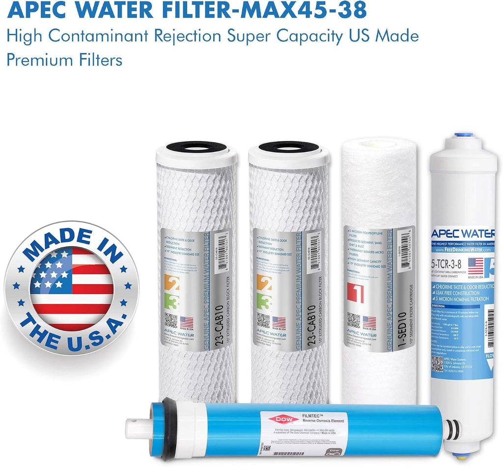 APEC FILTER-MAX45-38 US Made 50 GPD Complete Replacement Filter Set for Ultimate Series Reverse Osmosis Water Filter System with 3/8' Quick Dispense (for Upgraded 3/8' Output System)