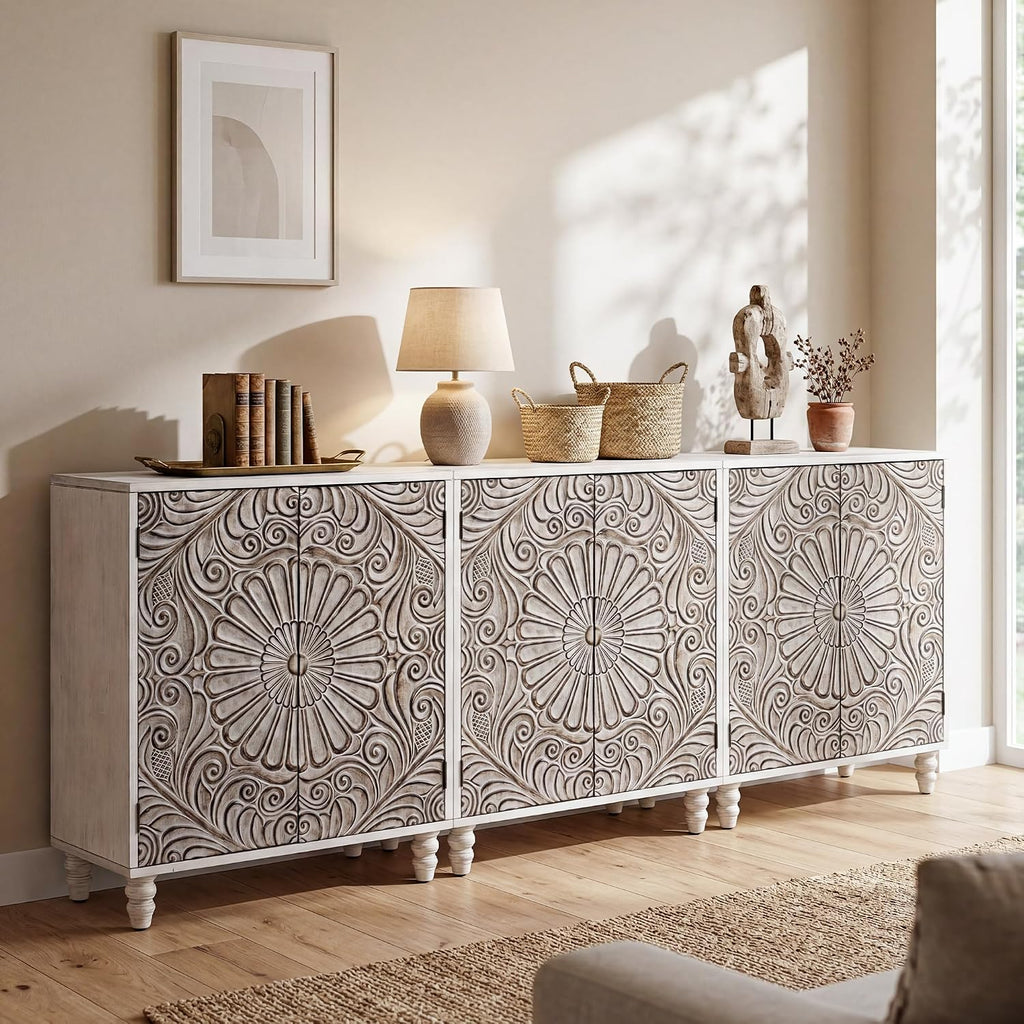 COSIEST Set of 3 32' Buffet Sideboard Cabinets with Storage, Accent Cabinet with Push-to-Open Doors, Vintage Flower Carved Pinewood Doors, Entryway Console for Living Room, Kitchen, Hallway, Gray