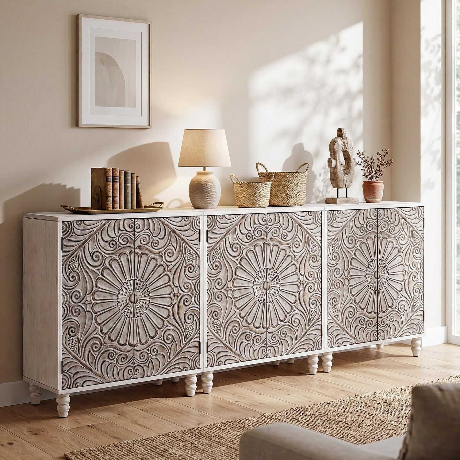 COSIEST Set of 3 32' Buffet Sideboard Cabinets with Storage, Accent Cabinet with Push-to-Open Doors, Vintage Flower Carved Pinewood Doors, Entryway Console for Living Room, Kitchen, Hallway, Gray