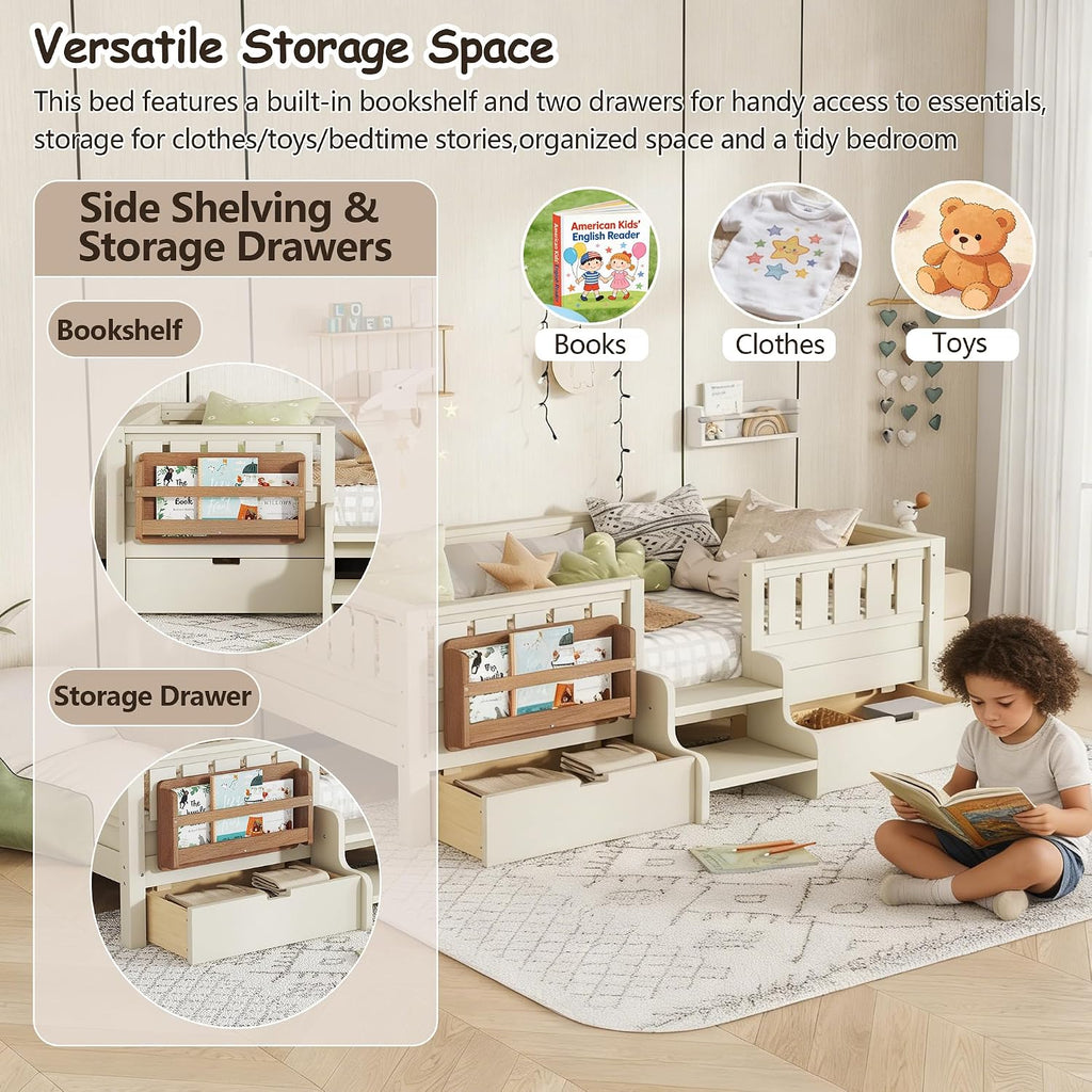 Bellemave Twin Kids Montessori Bed with Stairs, Bookshelf and Drawers, Solid Wood Kids Bed Frame with Storage for Boys Girls, Low Profile,Beige